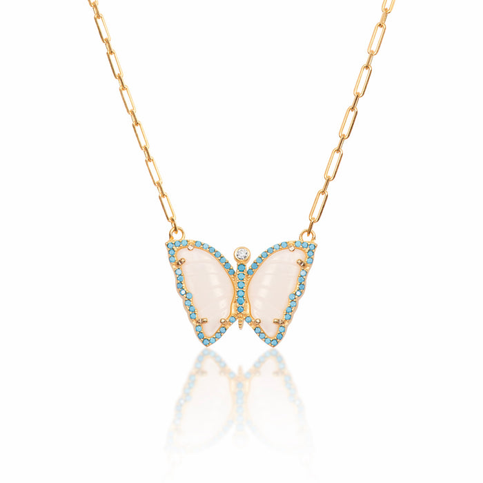 Silver gold plated mother of pearl turquoise butterfly necklace