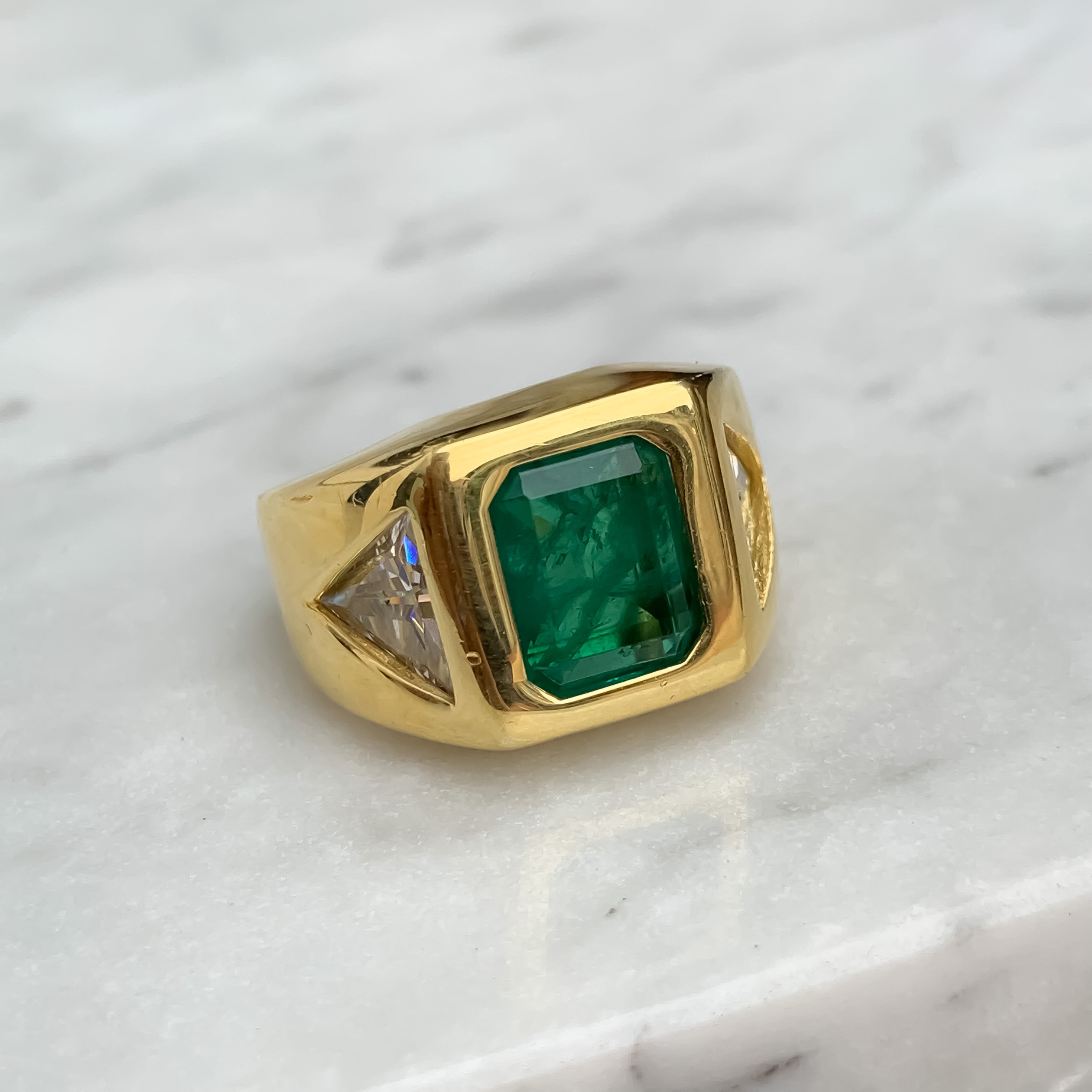 Silver gold plated emerald & trillion signet ring