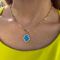 18k gold plated silver blue opal hamsa paperclip necklace