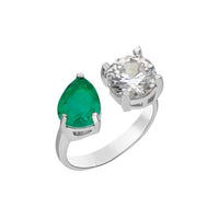 Sterling silver round & pear emerald ring