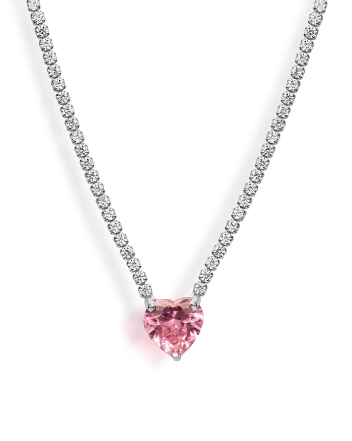 “Duchess” pink heart sterling silver pave chain necklace