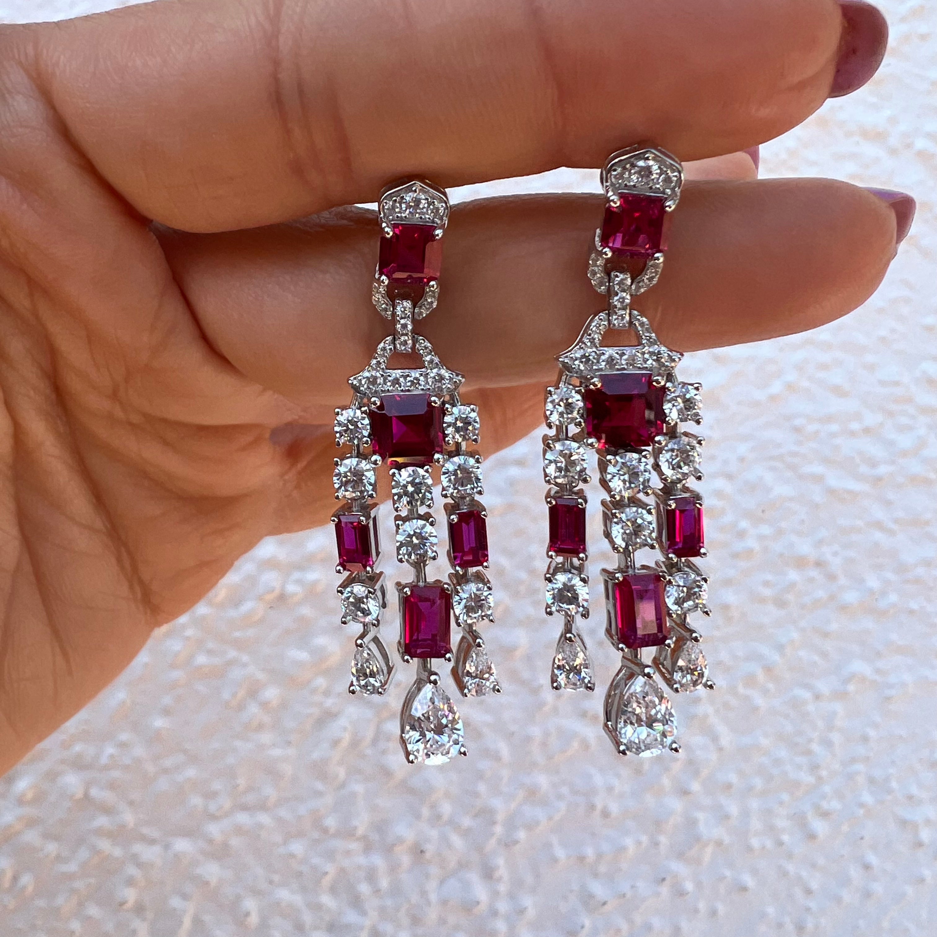 Sterling silver simulated ruby chandelier earrings