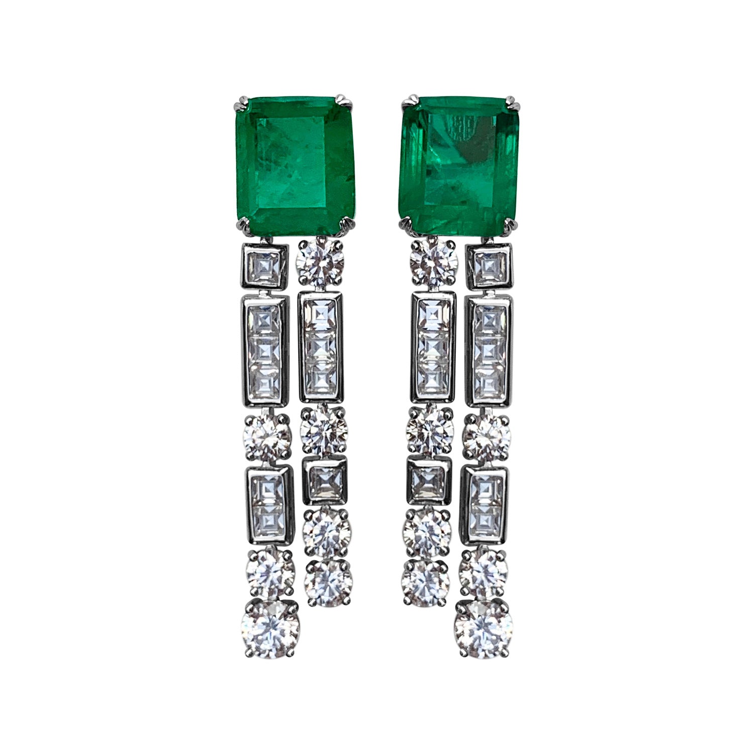 Sterling silver square double drop emerald earrings