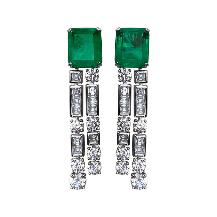 Sterling silver square double drop emerald earrings
