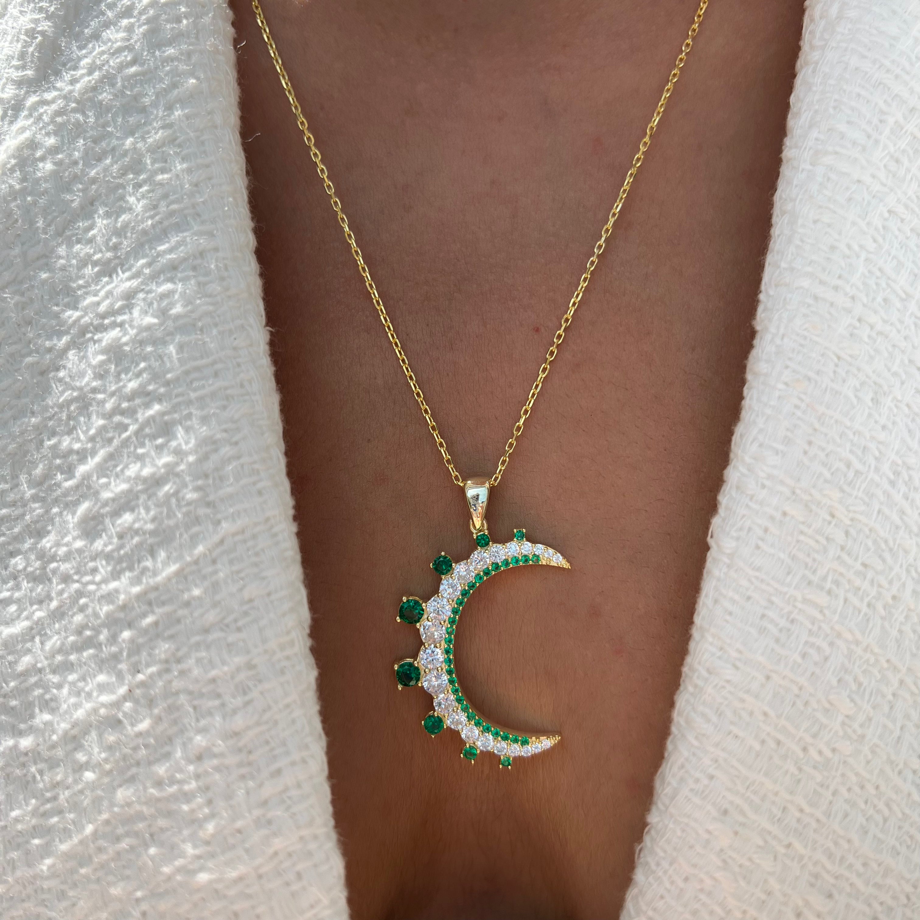 “Mezzaluna” gold green pave crescent necklace