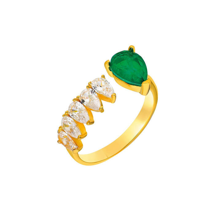 Silver gold plated pear emerald & cz ring