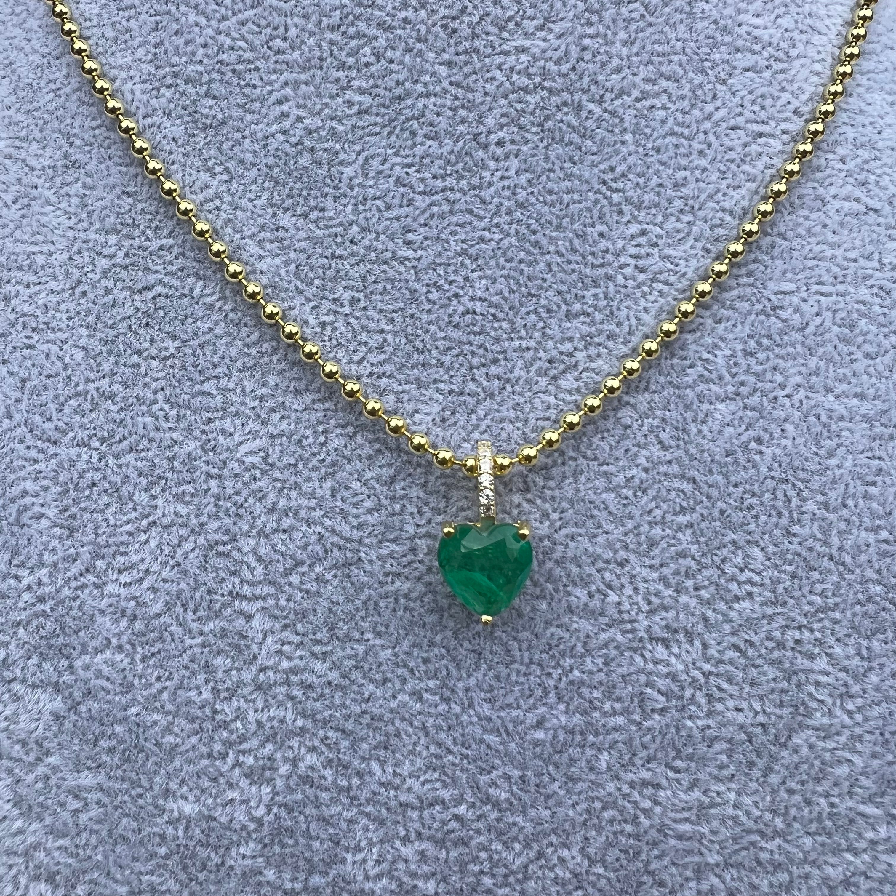 Silver gold plated bead chain emerald heart necklace