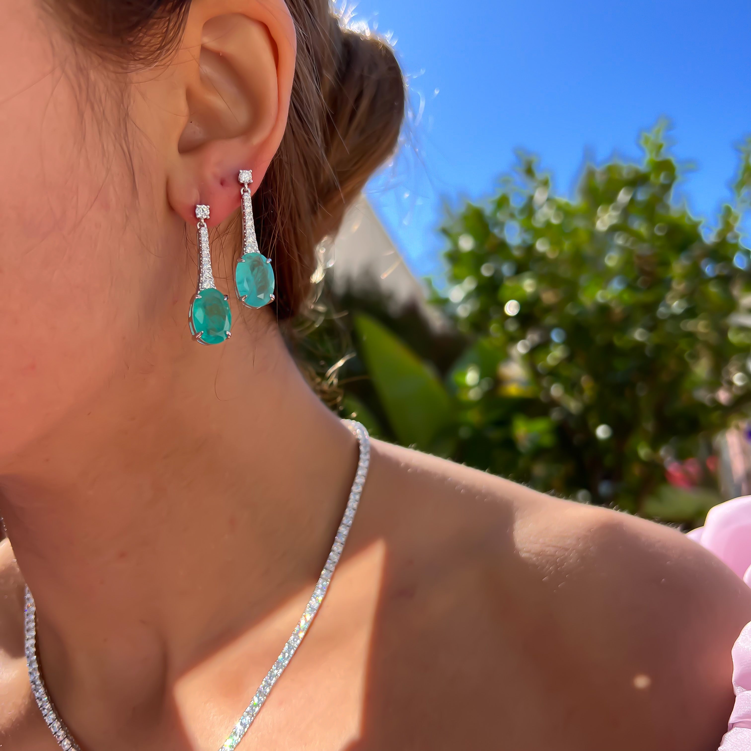 “Bora Bora” silver oval paraiba drop statement earrings