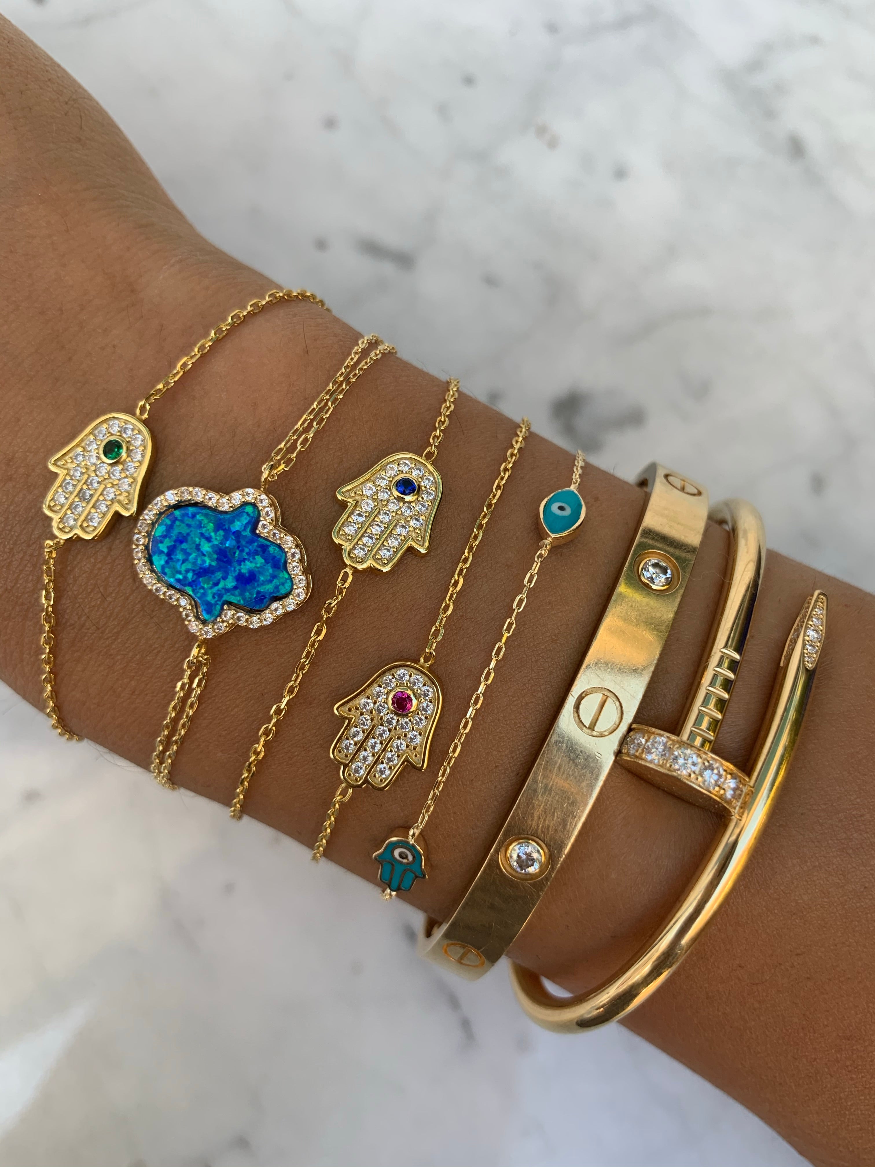 Hamsa Hand Charm With Turquoise Beads 5 Piece Leather Bracelet Set