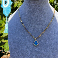 18k gold plated silver blue opal hamsa paperclip necklace