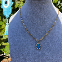 18k gold plated silver blue opal hamsa paperclip necklace