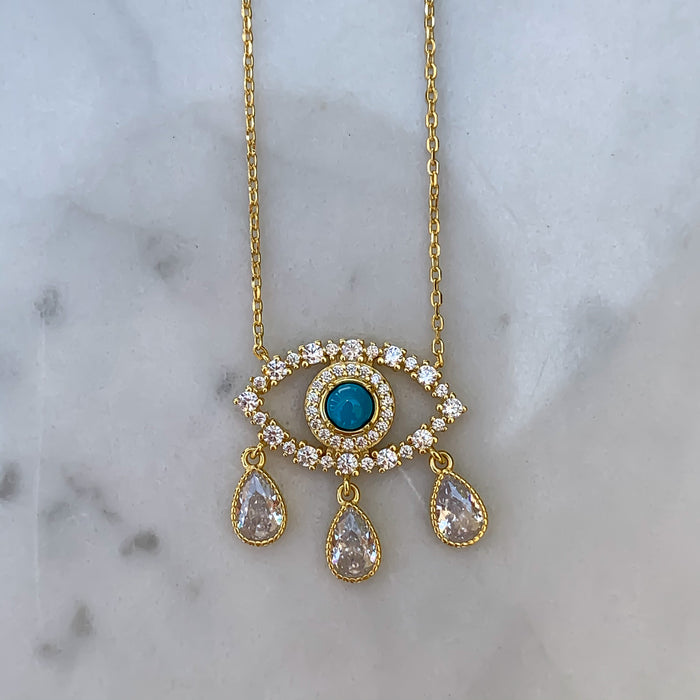 “Diamond Tears" Gold plated turquoise eye necklace