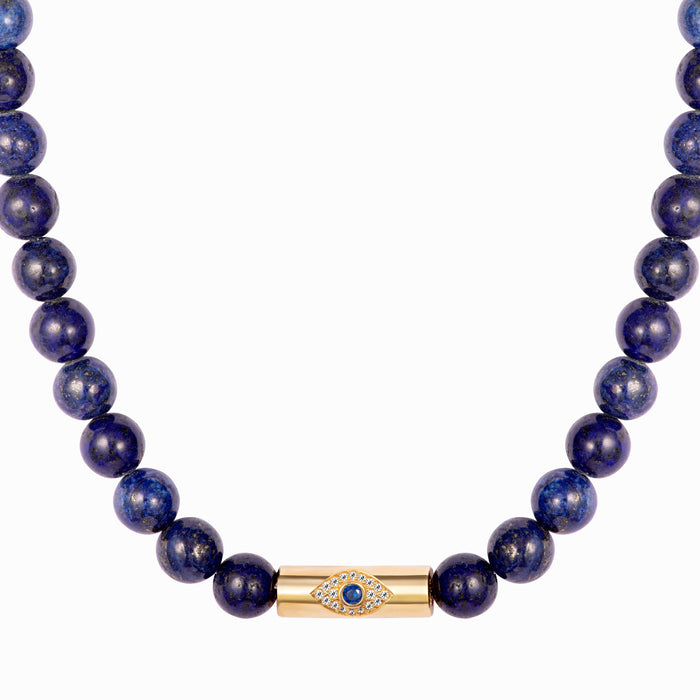 Lapis beaded gold rod eye necklace