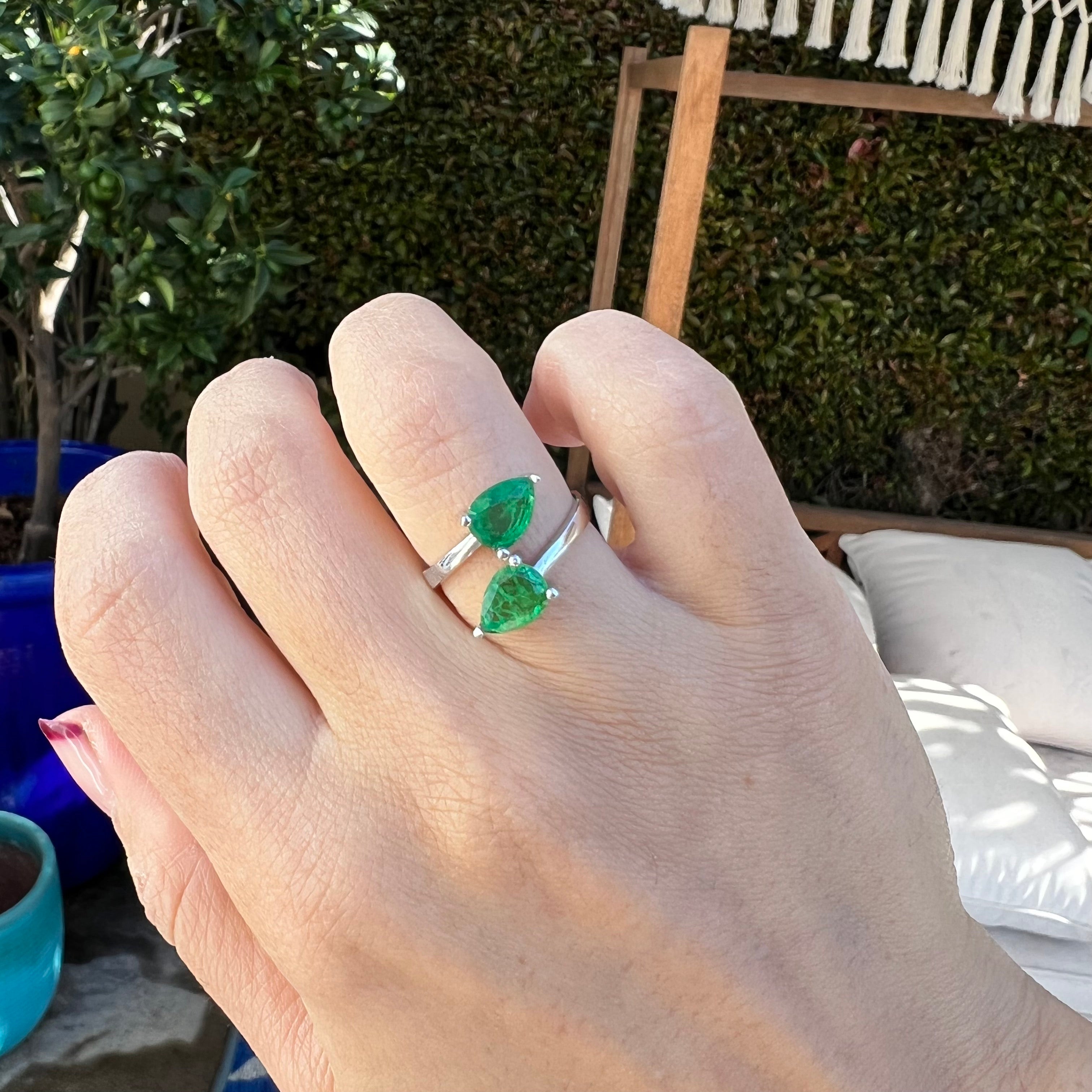Sterling silver double pear emerald ring