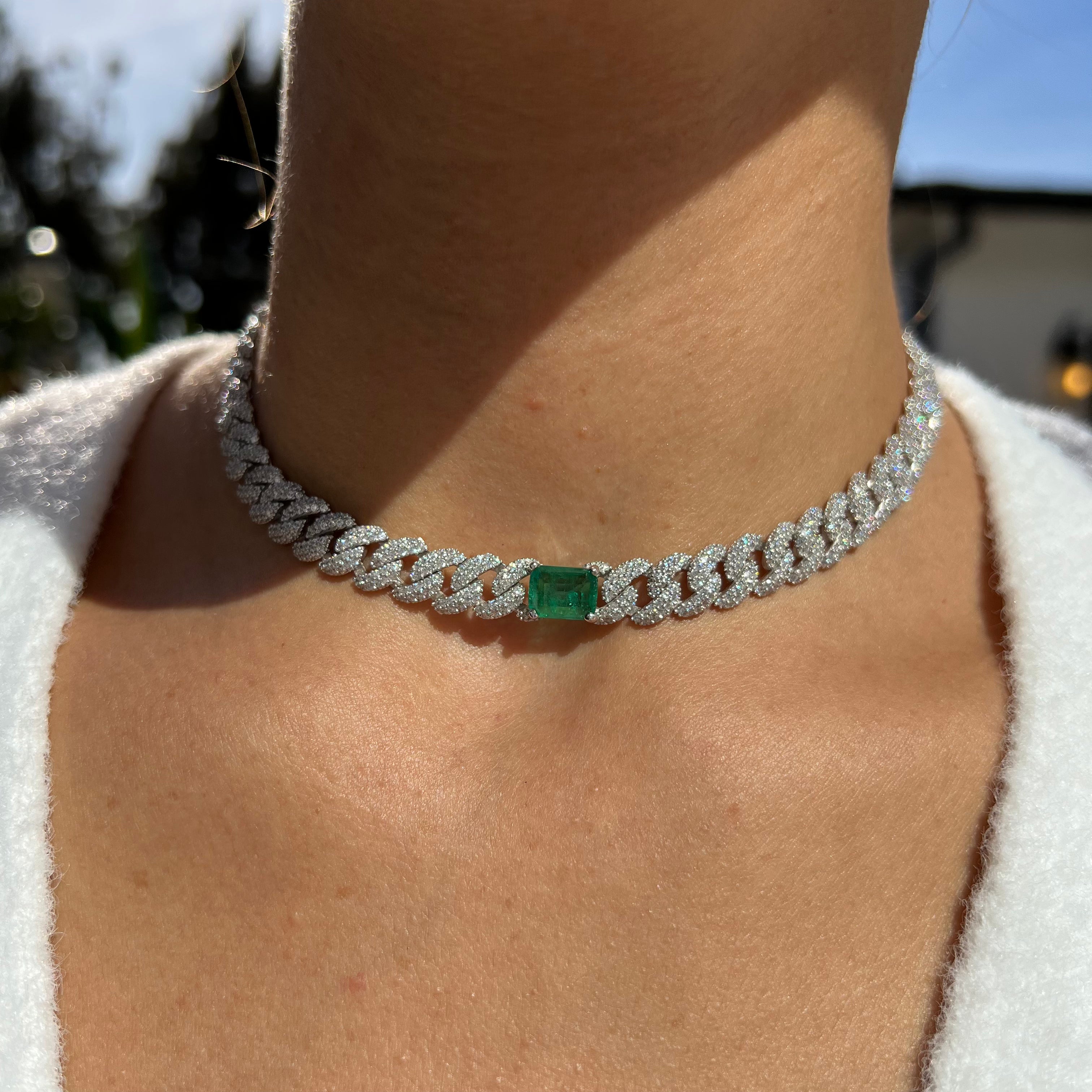 Sterling silver emerald cuban link choker