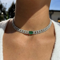 Sterling silver emerald cuban link choker