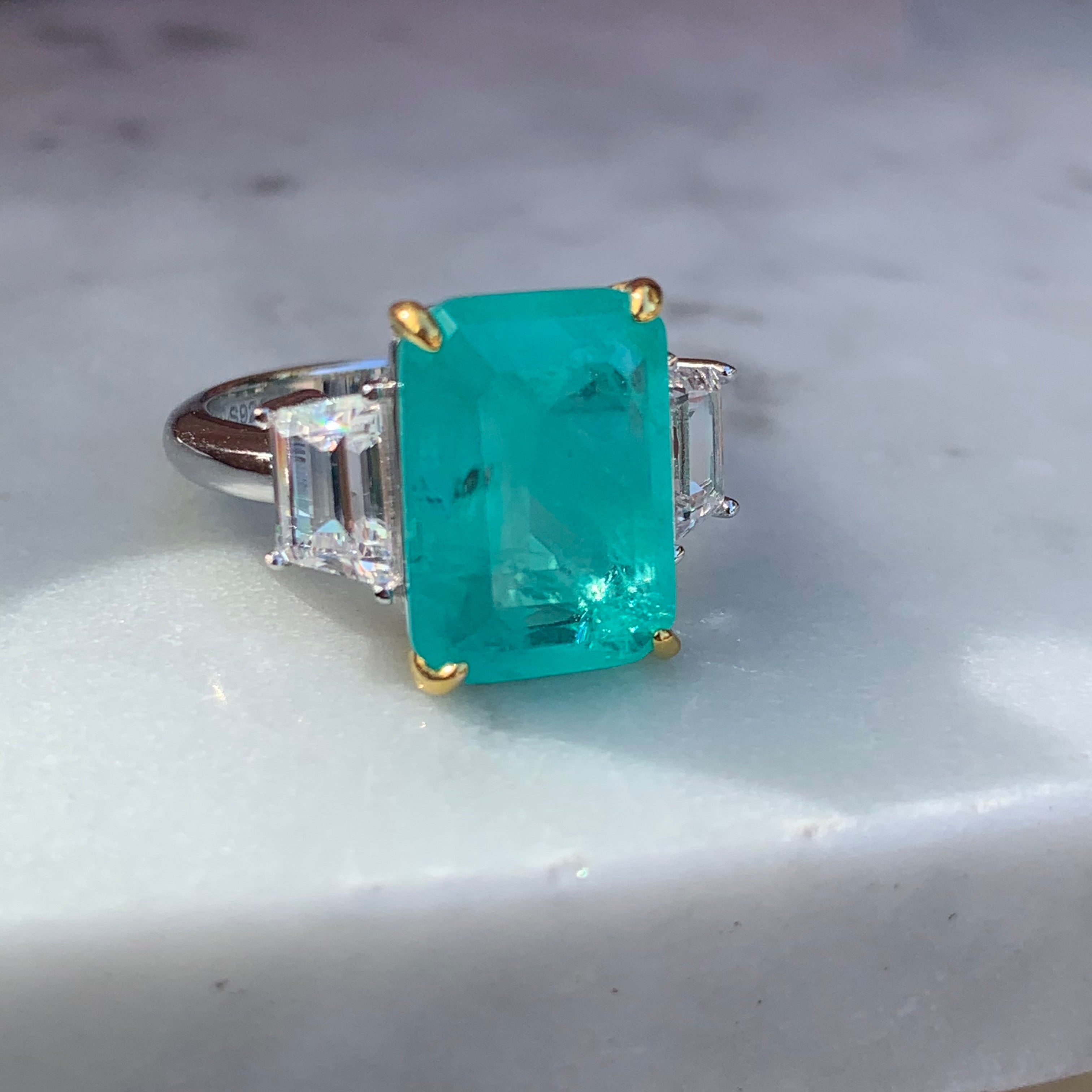 Sterling silver large emerald cut paraiba ring