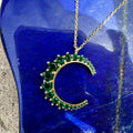 Silver gold plated green pave crescent moon necklace