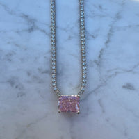 “Duchess” pink radiant sterling silver pave chain necklace