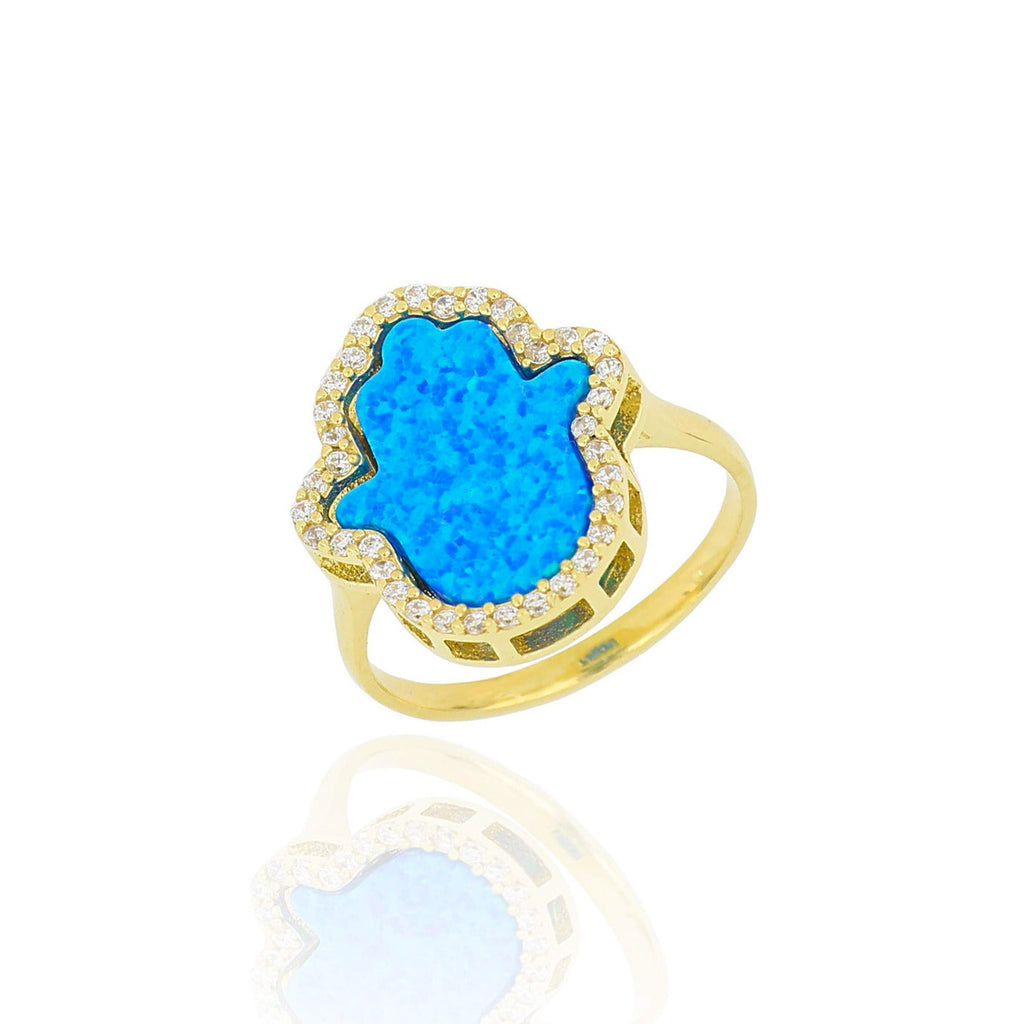 Silver 18k gold plated opal hamsa ring